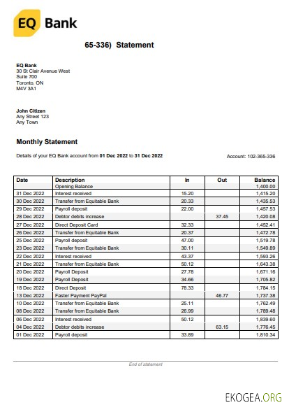 États Unis Ontario EQ Bank Statement Modèle Word et PDF